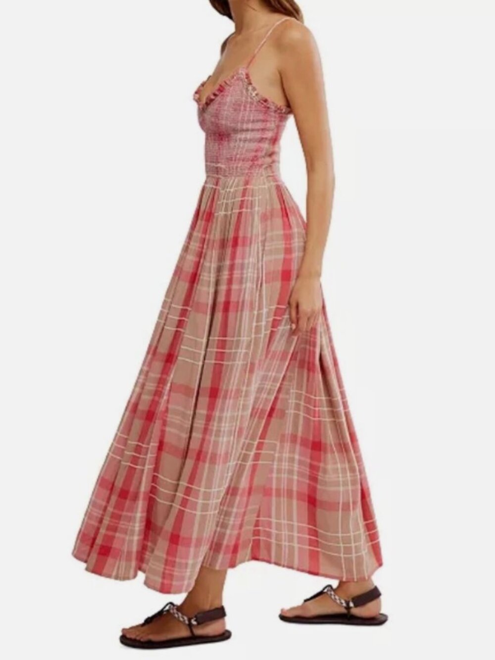 Free People Sweet Nothings Plaid Spaghetti Strap Smocked Flowy Midi Dress L